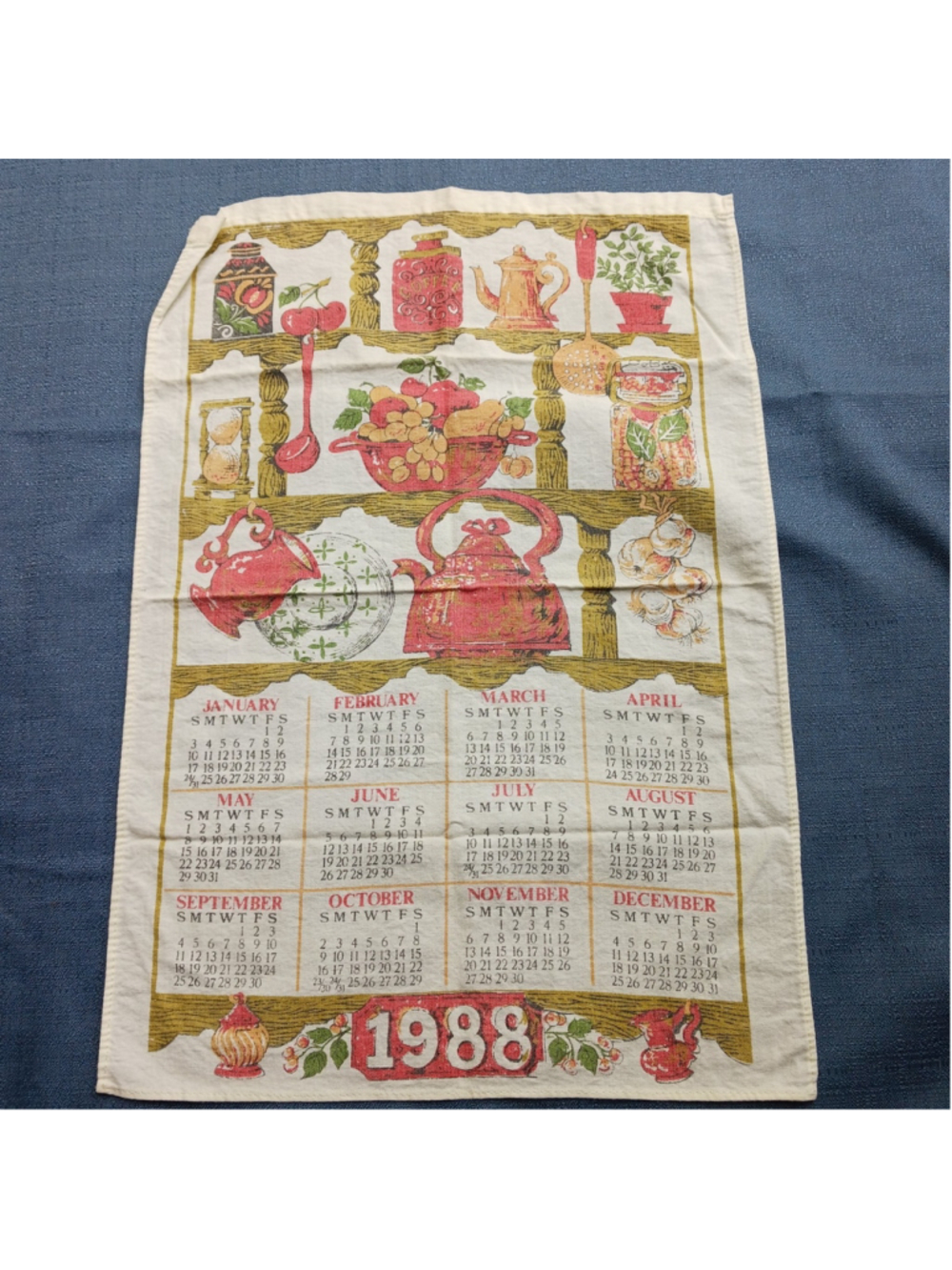 1988 VTG Calendar Linen Hand Tea Towel Kitchen Theme Kettles Teapot Cottage Core
